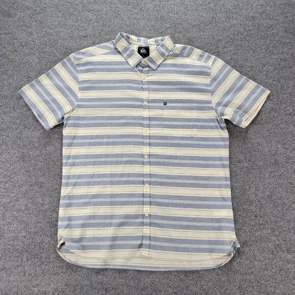 Quiksilver Shirt Mens 2XL White Blue Striped Short Sleeve‎ Modern Button Up - Picture 1 of 8